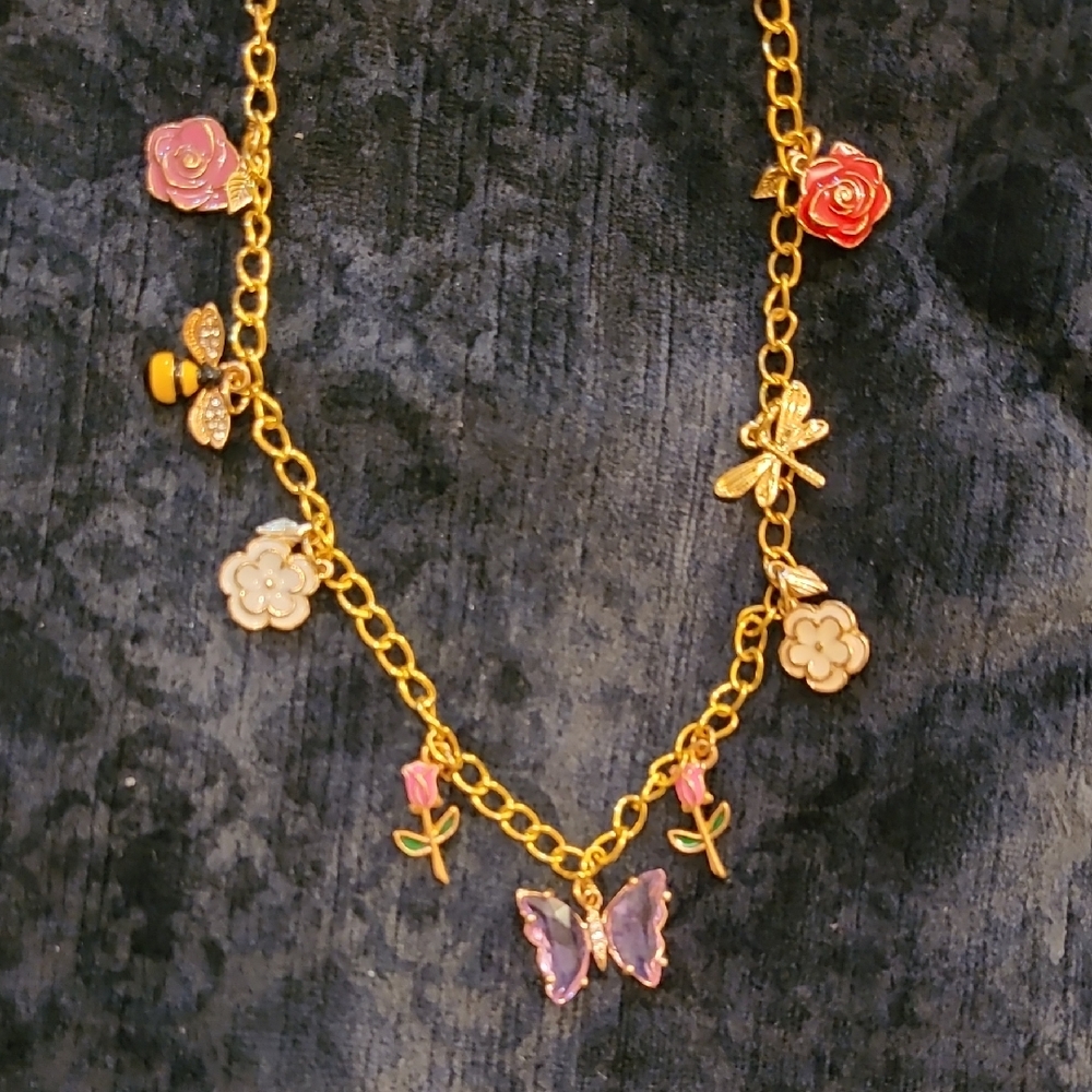 2/$22 Goldtone CHARM Necklace With Glass Butterfly, Bee And Enamel Flowers